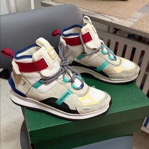 Lacoste Cream and Red High-Top Sneakers